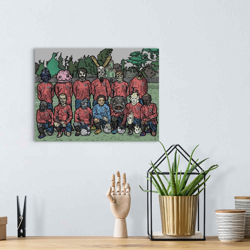 A bohemian room featuring Illustration of a soccer team made of humans and fantasy creatures.