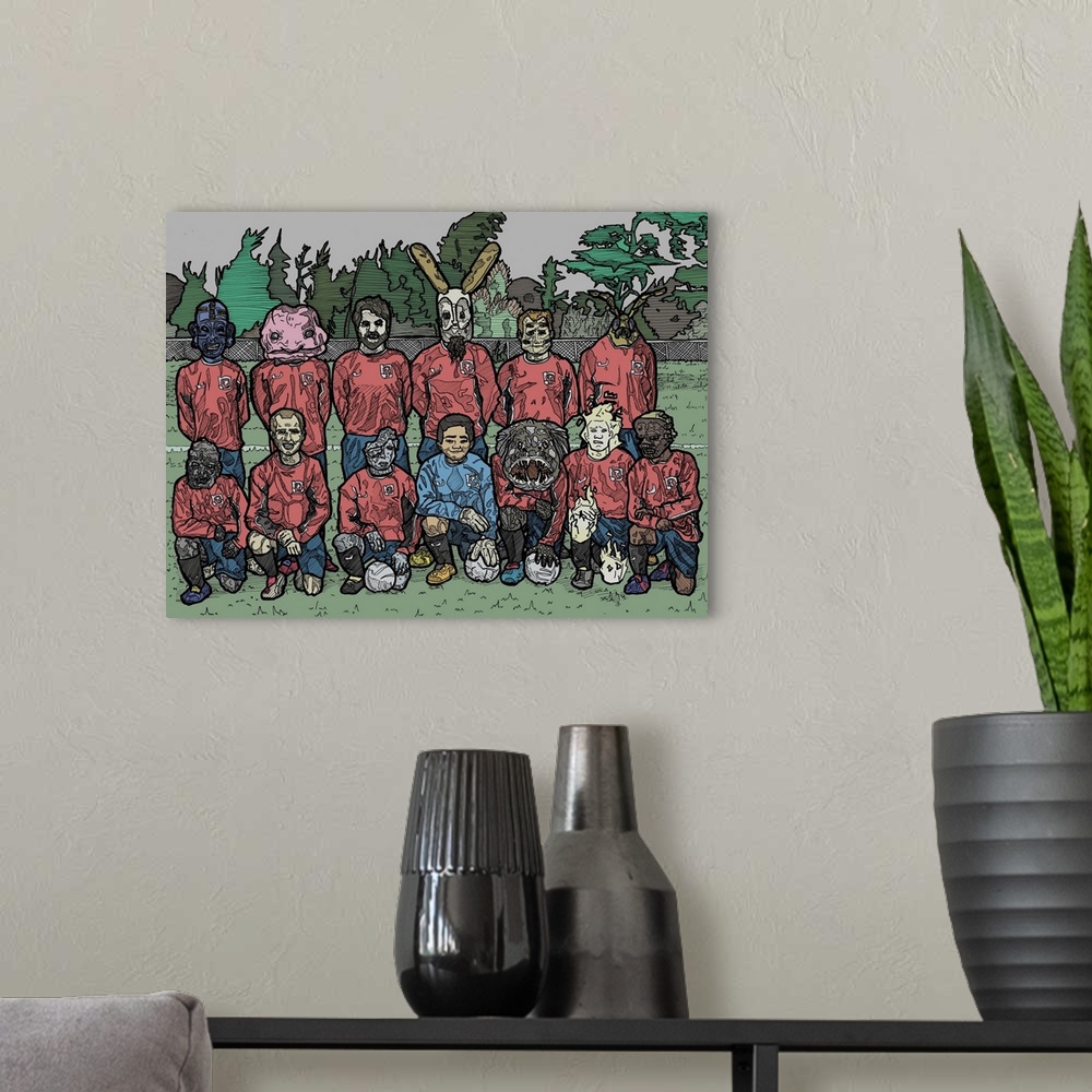 A modern room featuring Illustration of a soccer team made of humans and fantasy creatures.