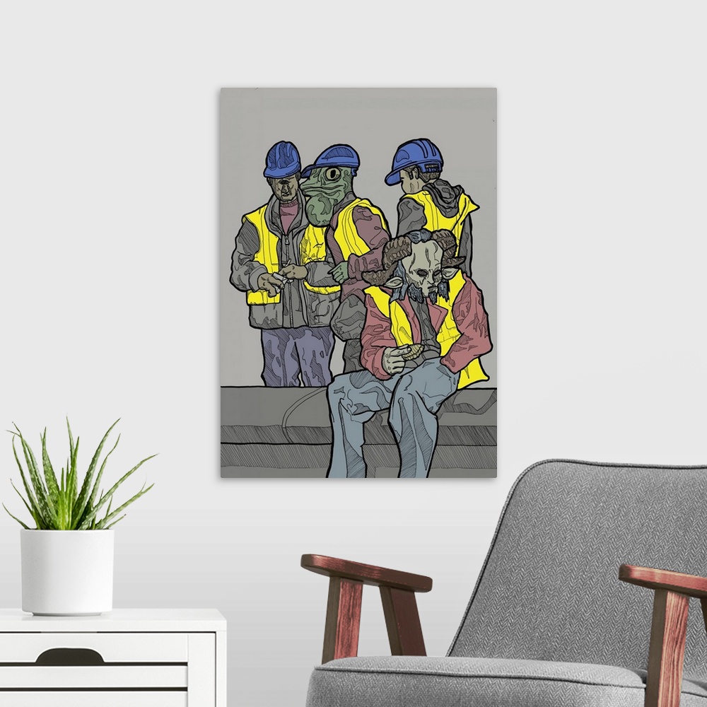 A modern room featuring Illustration of a group of builders made of humans and fantasy creatures.