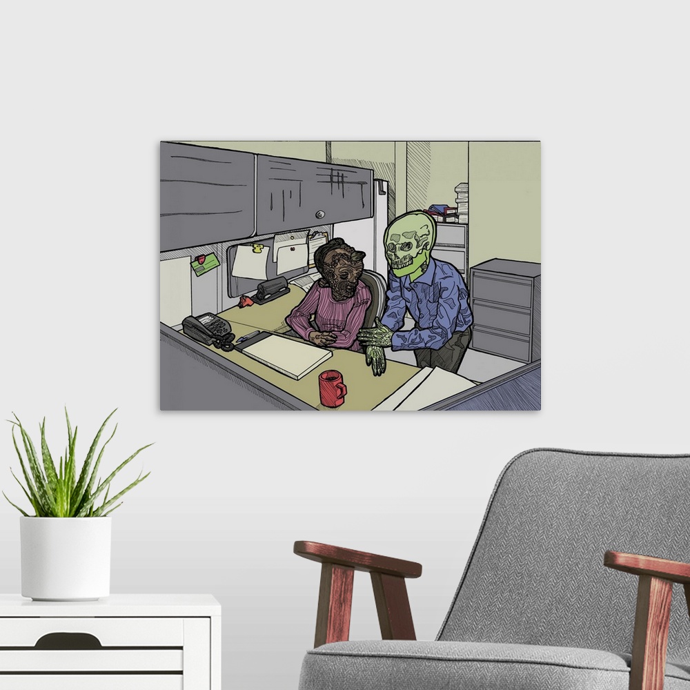 A modern room featuring Illustration of fantasy creatures working in an office.