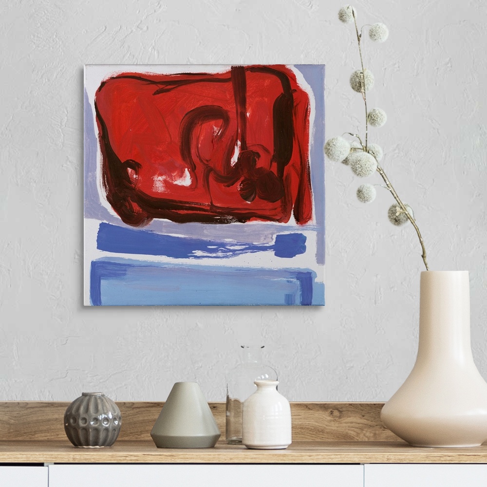 A farmhouse room featuring An abstract painting of a play of warm and cool tonal variations and forms coupled voids.