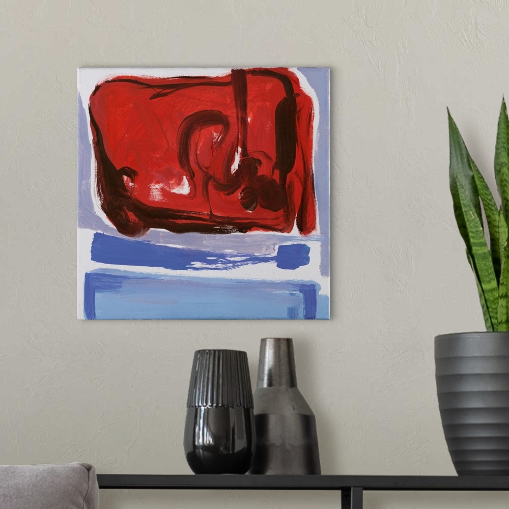 A modern room featuring An abstract painting of a play of warm and cool tonal variations and forms coupled voids.