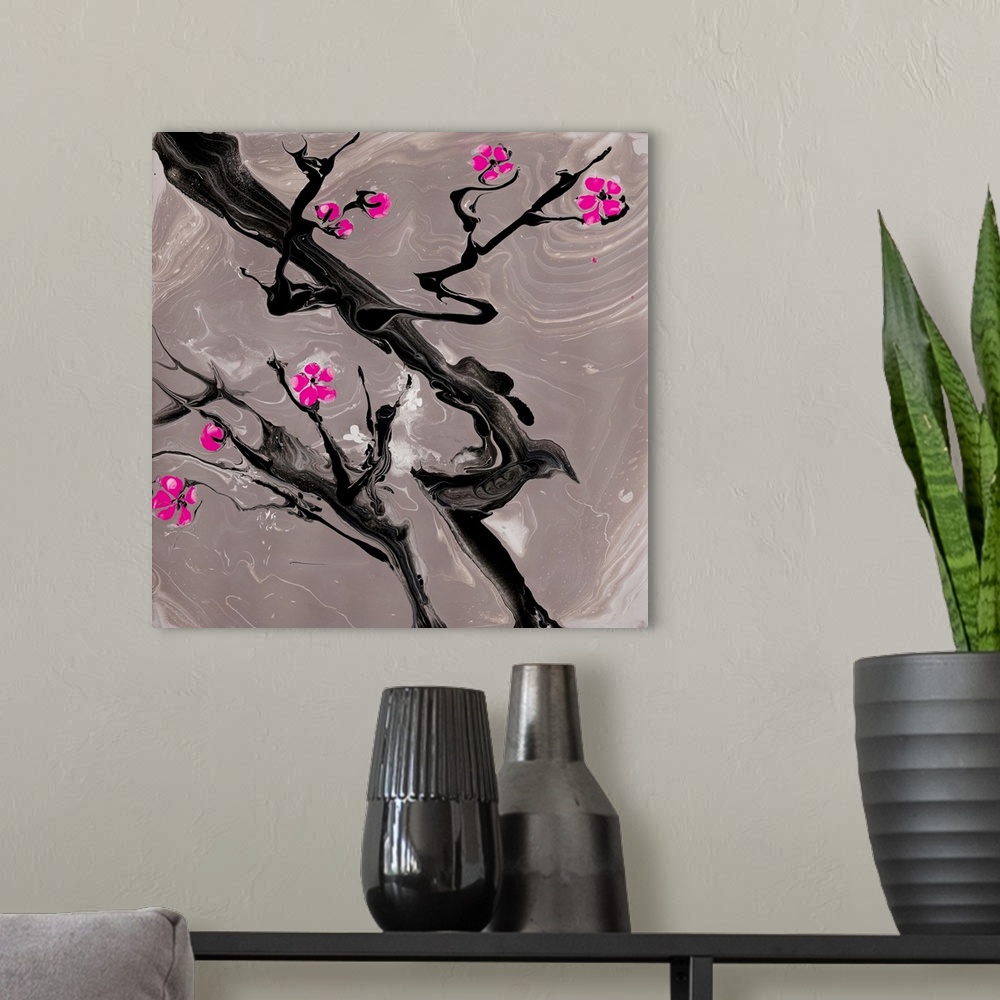 A modern room featuring Close-up painting of cherry blossom in pouring technique that resembles reflection in a paddle an...