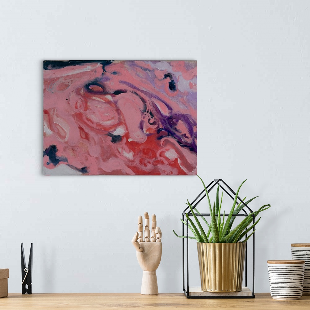 A bohemian room featuring An abstract painting of tonal variation and play; a fluid movement.