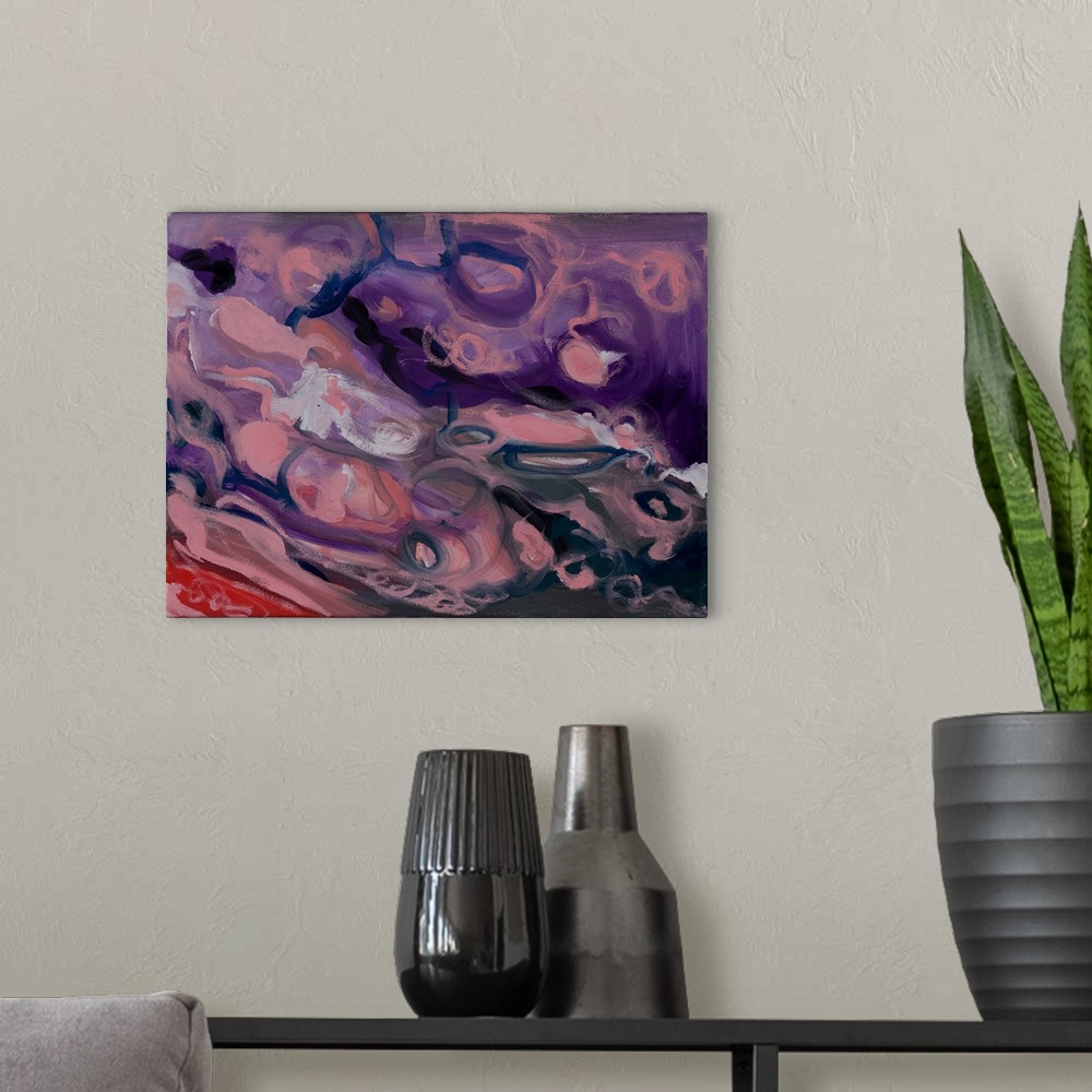 A modern room featuring An abstract painting of tonal variation and play; a fluid movement.