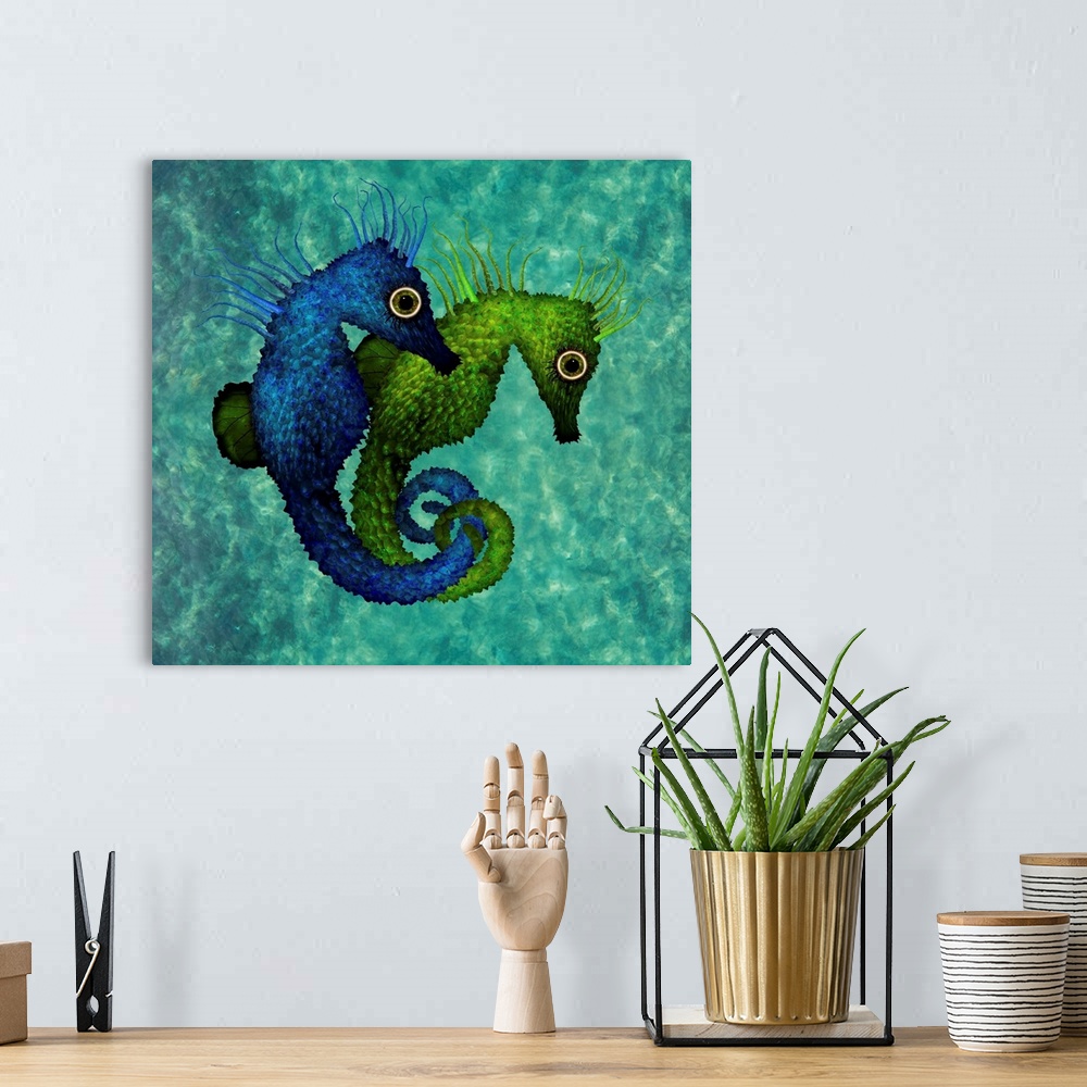A bohemian room featuring These two beautiful seahorses live together in the beautiful blue ocean.