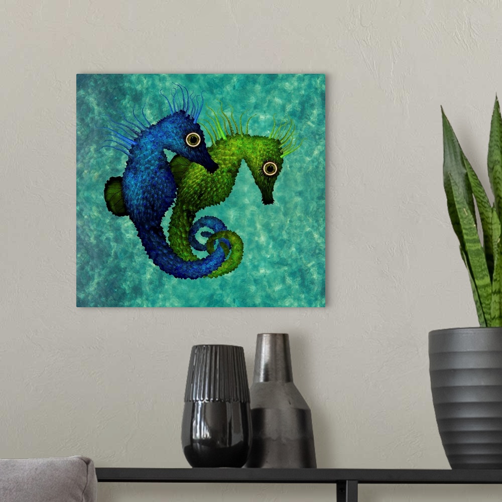 A modern room featuring These two beautiful seahorses live together in the beautiful blue ocean.