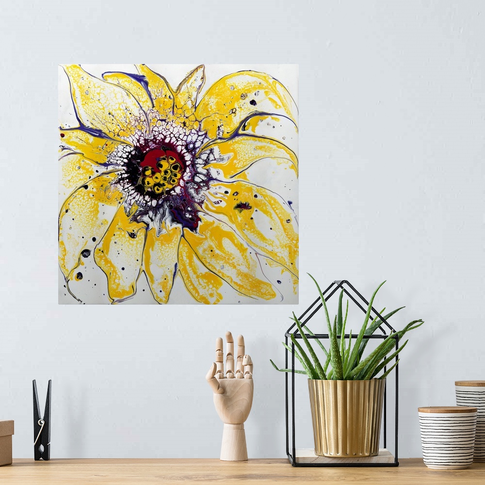 A bohemian room featuring Pour painting of a large flower in yellow, loosely accentuated by the purple contour with a multi...