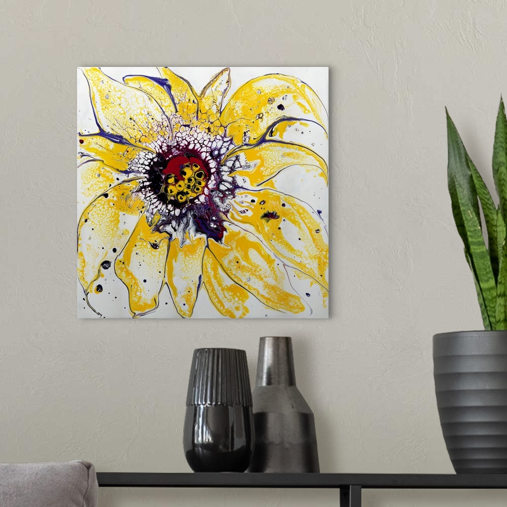 A modern room featuring Pour painting of a large flower in yellow, loosely accentuated by the purple contour with a multi...