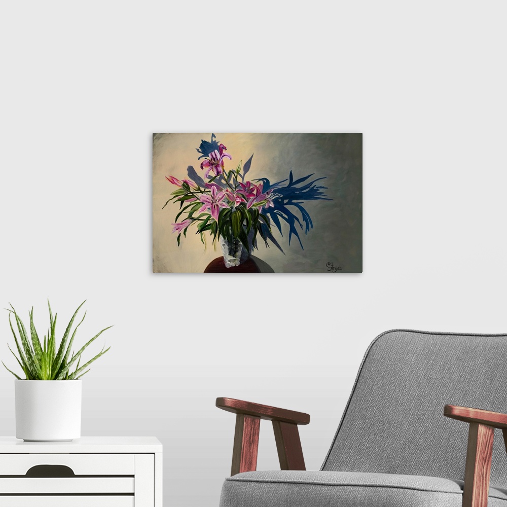 A modern room featuring Painting of a bouquet of pink lilies with bulky leaves in a glass vase, throwing a shadow on the ...