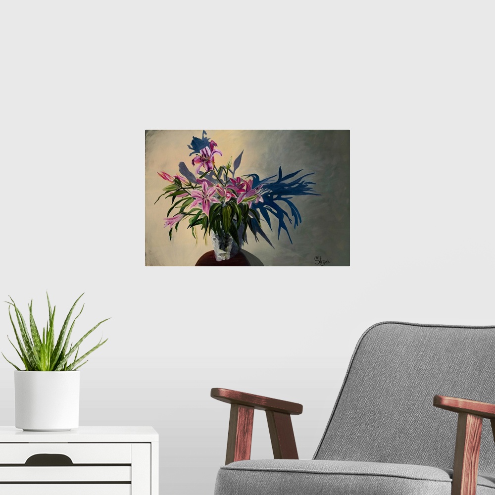 A modern room featuring Painting of a bouquet of pink lilies with bulky leaves in a glass vase, throwing a shadow on the ...