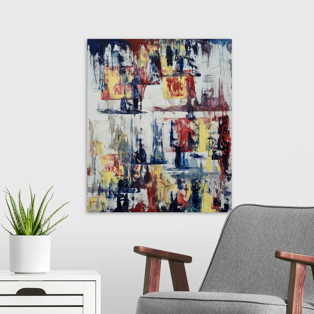 A modern room featuring Painting on paper of abstract form and structure given strength through bold use of color.
