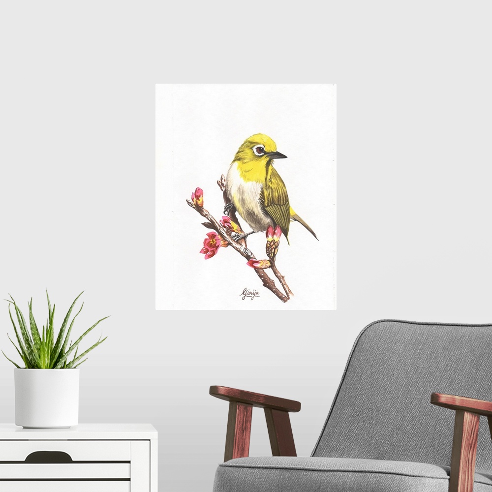 A modern room featuring The pine warbler is a small songbird of the new world warbler family. This small yellow bird is p...