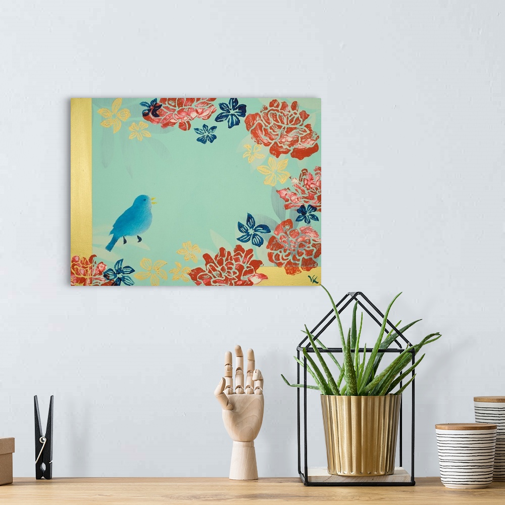 A bohemian room featuring Painting of bird in garden of red peonies with pale mint background.