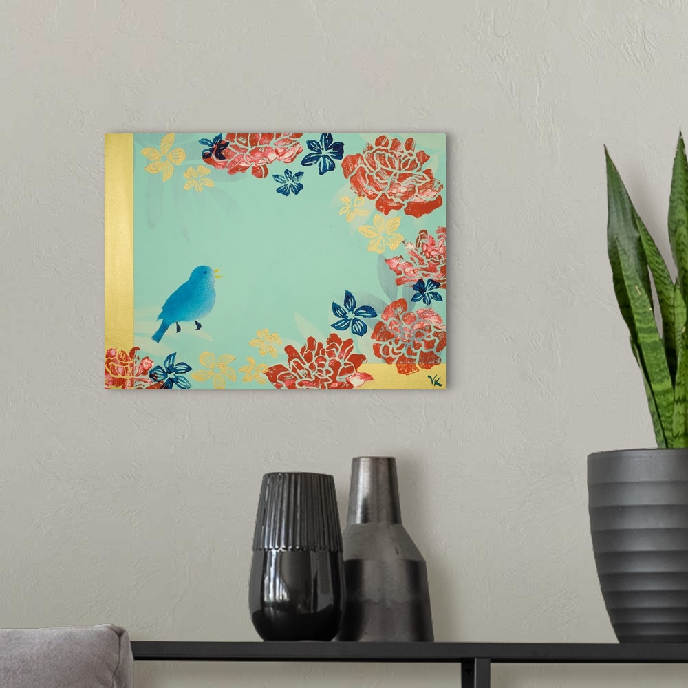 A modern room featuring Painting of bird in garden of red peonies with pale mint background.
