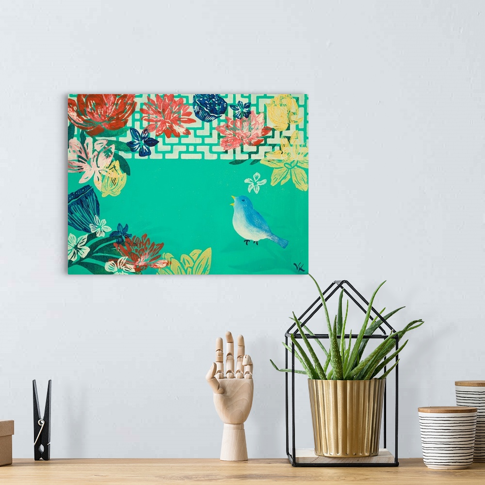 A bohemian room featuring Painting of bird singing in garden of lotus flowers and pods with turquoise background.