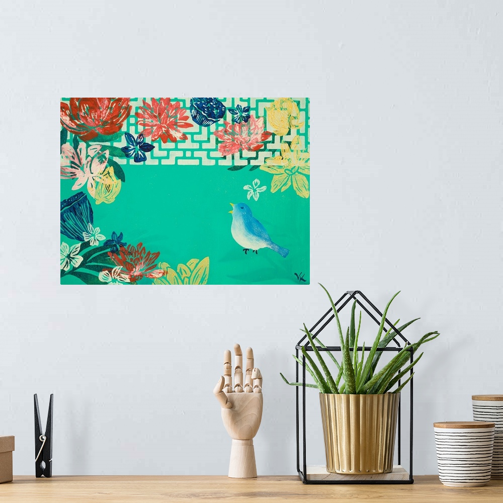 A bohemian room featuring Painting of bird singing in garden of lotus flowers and pods with turquoise background.