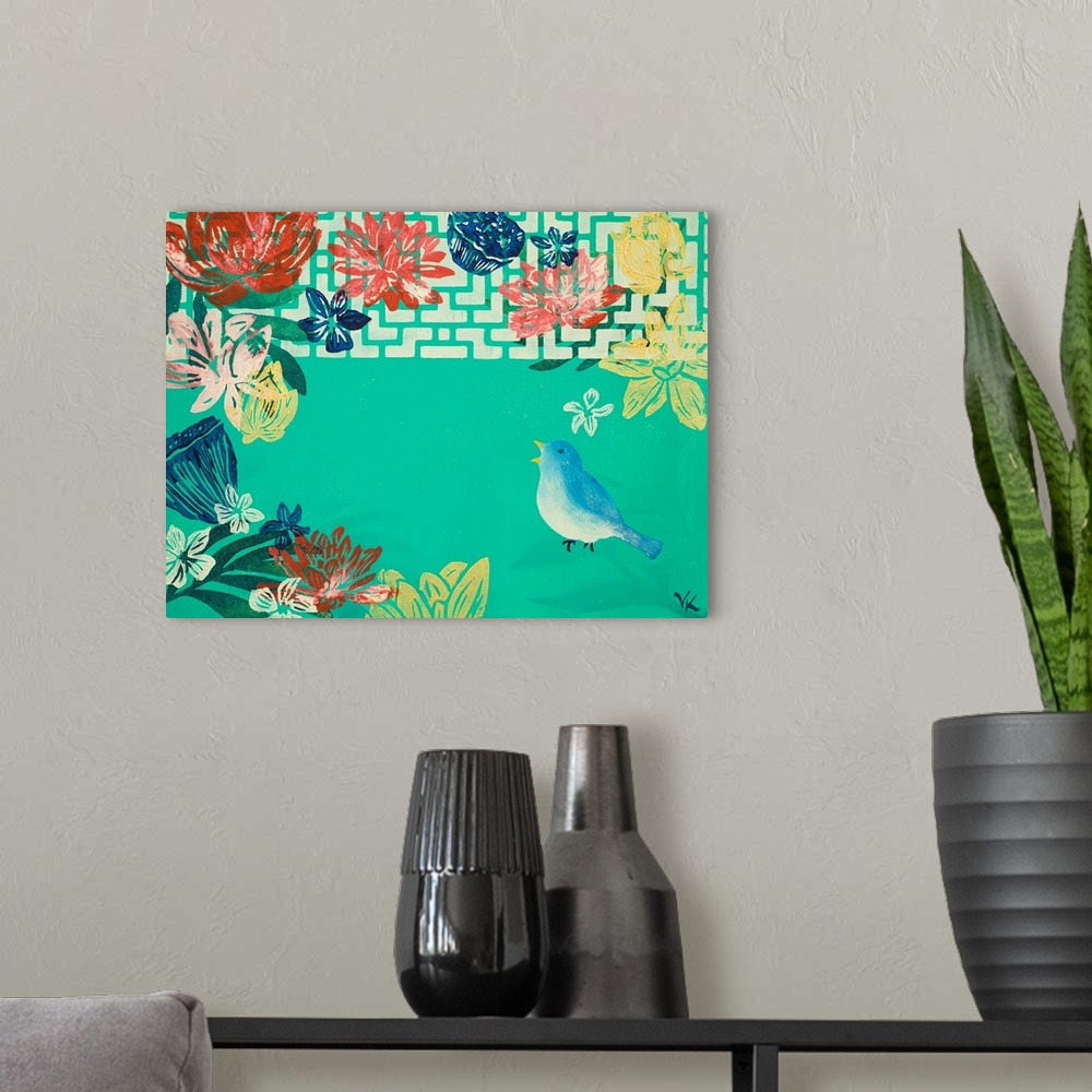 A modern room featuring Painting of bird singing in garden of lotus flowers and pods with turquoise background.