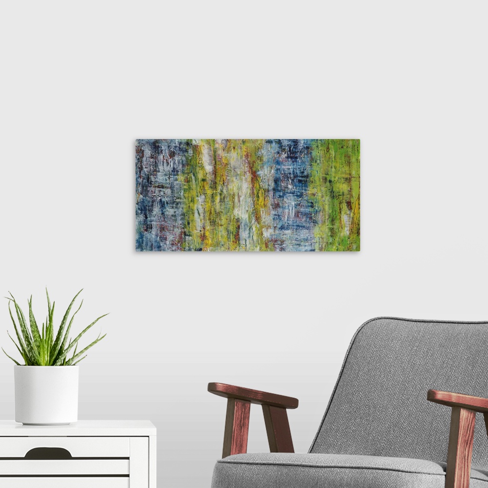 A modern room featuring Painting on canvas of comparisons of the elements of nature in subtle tones.