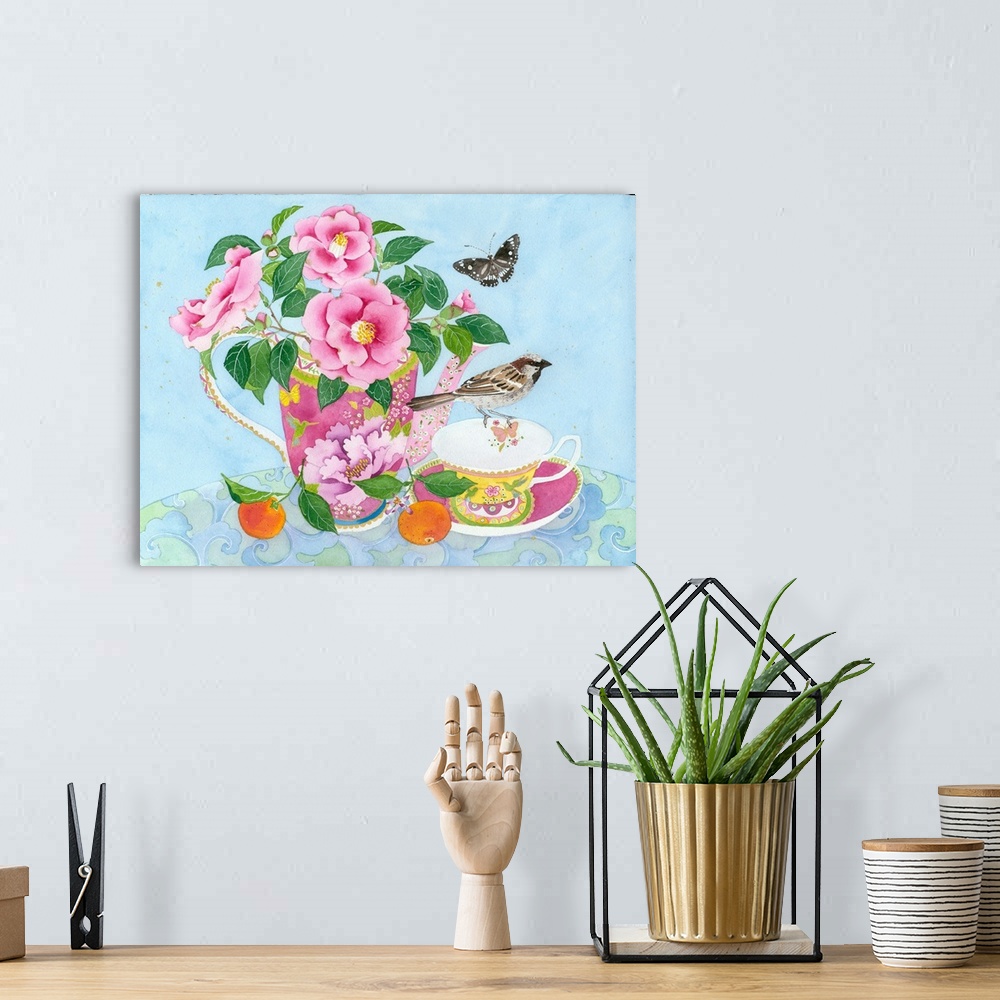 A bohemian room featuring Still life arrangement of tea things with pink camellias, common crow butterfly and a common gard...