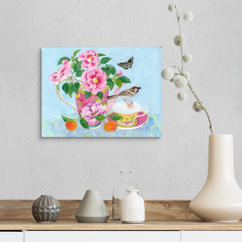 A farmhouse room featuring Still life arrangement of tea things with pink camellias, common crow butterfly and a common gard...