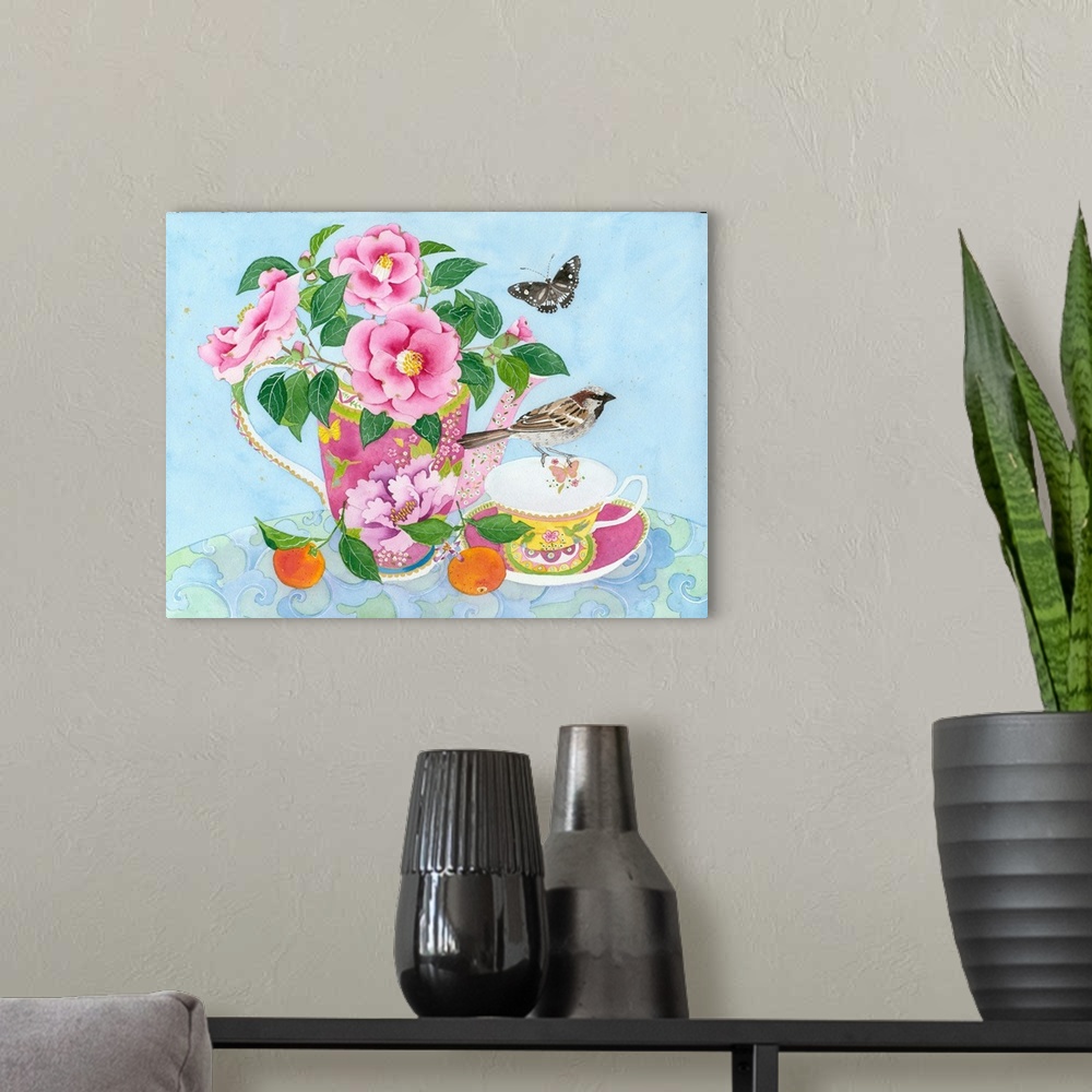 A modern room featuring Still life arrangement of tea things with pink camellias, common crow butterfly and a common gard...