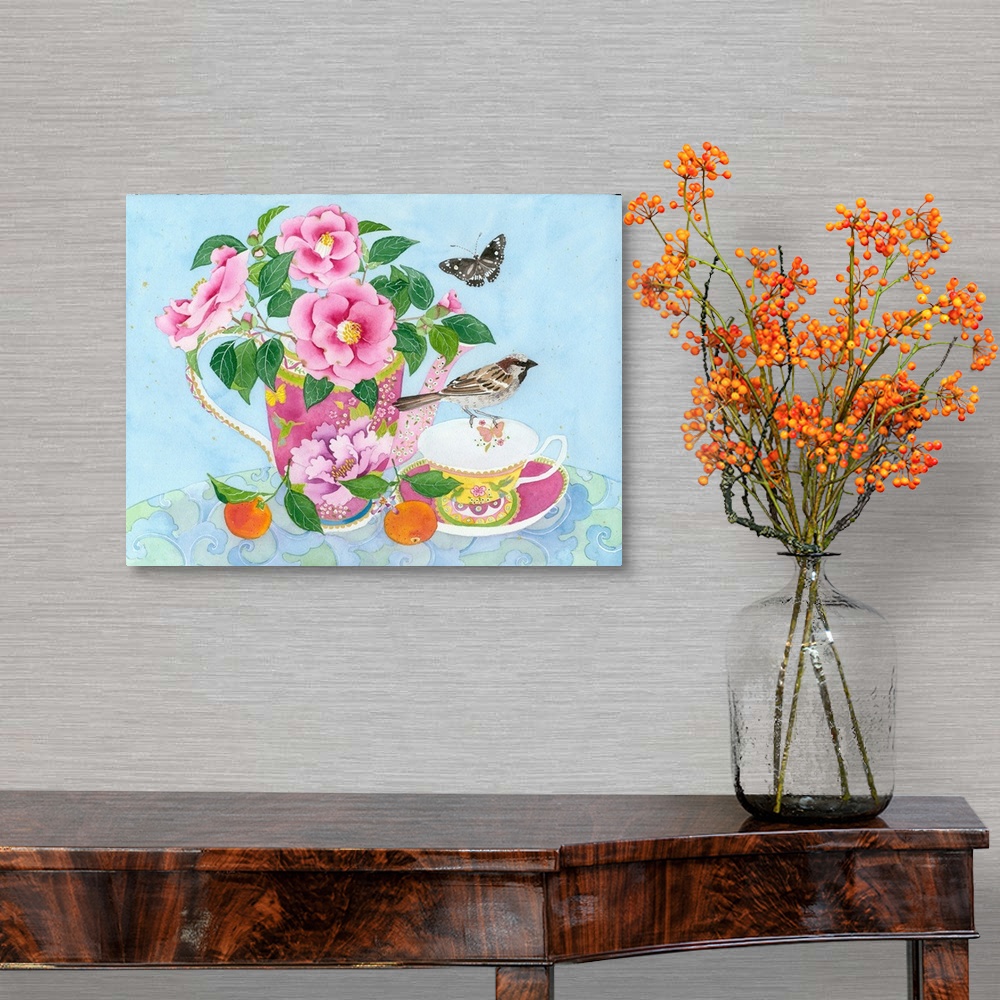 A traditional room featuring Still life arrangement of tea things with pink camellias, common crow butterfly and a common gard...