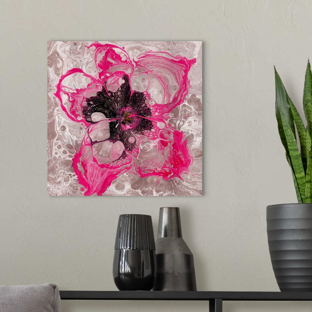 A modern room featuring Pour painting of a delicate, but vigorous cherry bloom in saturated pink with intricate patterns ...