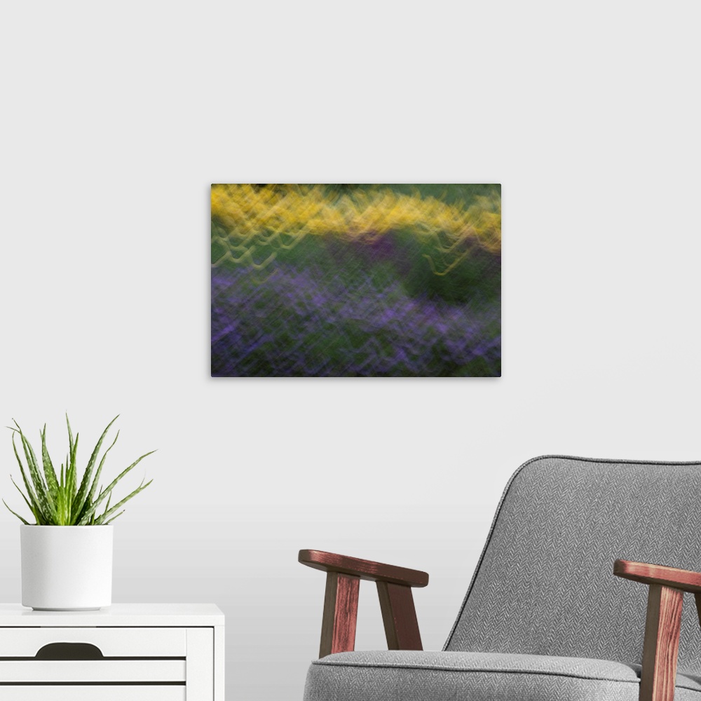 A modern room featuring Impressionist photograph that captures the essence of a spring blossom garden.