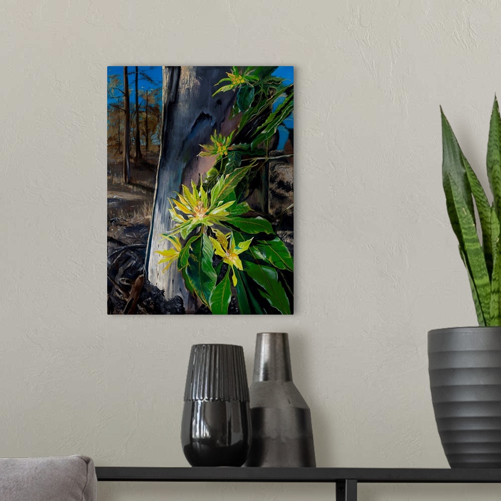 A modern room featuring Painting of fresh, green spring shoots appearing against the background of mature, decade-old tre...