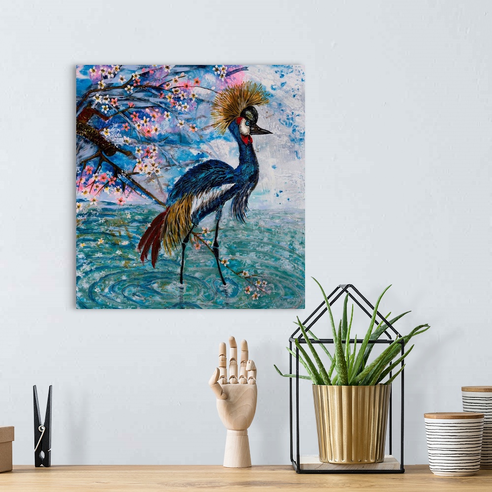 A bohemian room featuring Painting of two grey crowned cranes using traditional Chinese brush stroke with added texture and...