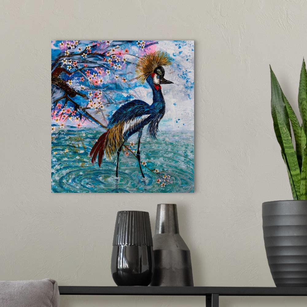 A modern room featuring Painting of two grey crowned cranes using traditional Chinese brush stroke with added texture and...