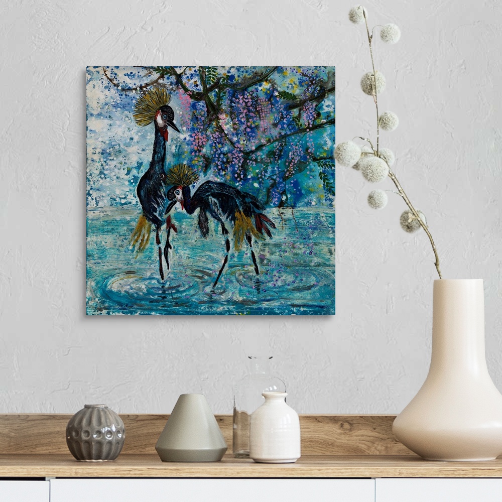 A farmhouse room featuring Painting of two grey crowned cranes using traditional Chinese brush stroke with added texture and...