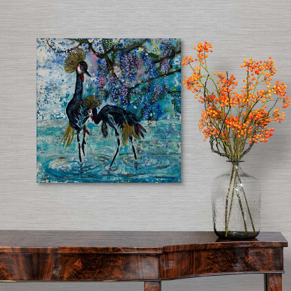 A traditional room featuring Painting of two grey crowned cranes using traditional Chinese brush stroke with added texture and...