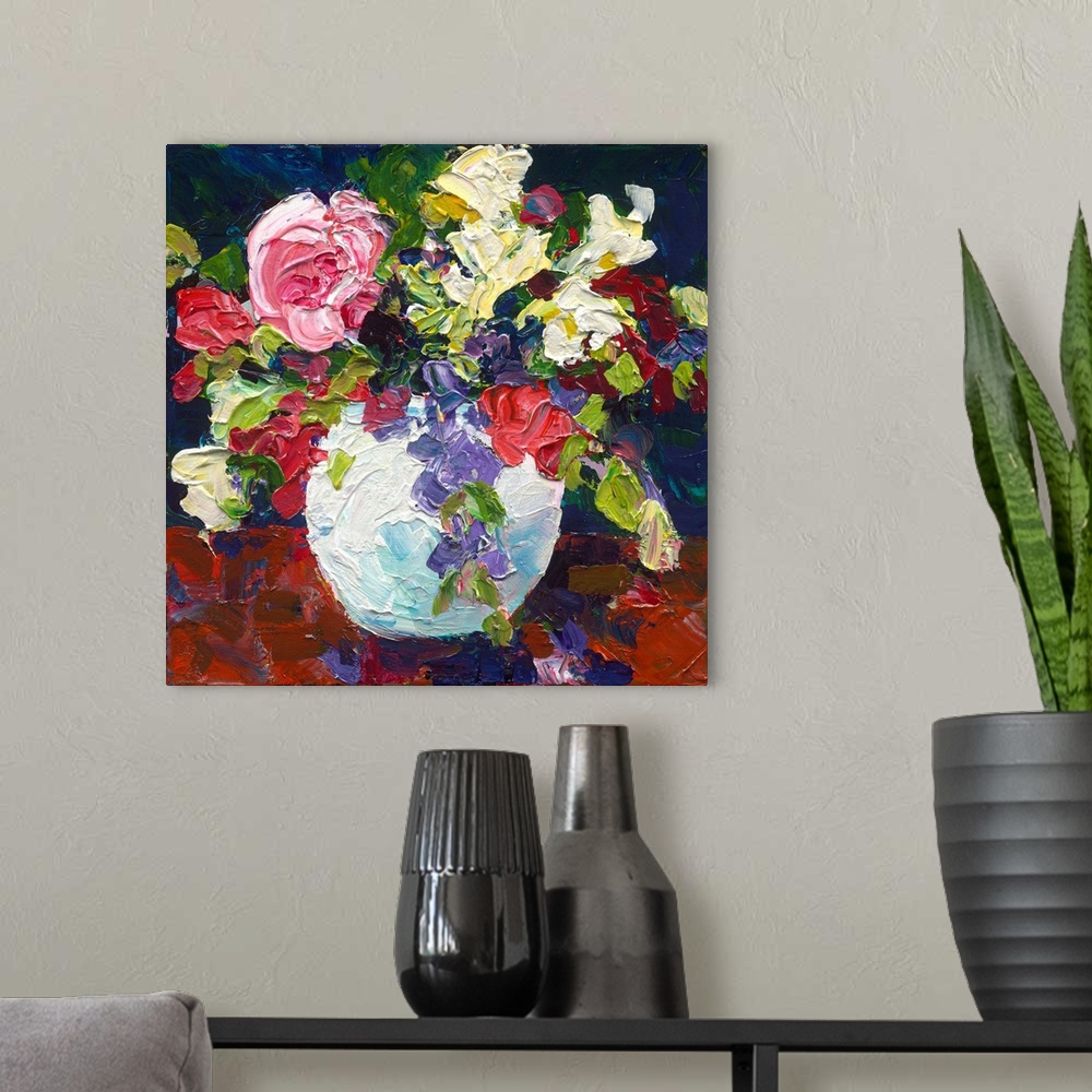A modern room featuring Roses and foliage in a white vase painted with thick textured paint.