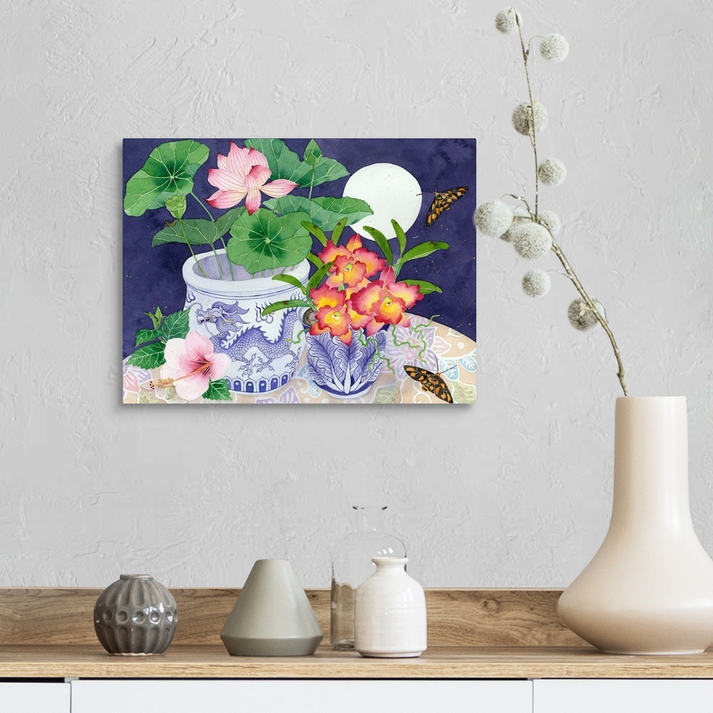 A farmhouse room featuring Still life with lotus and orchids in blue and white planters.