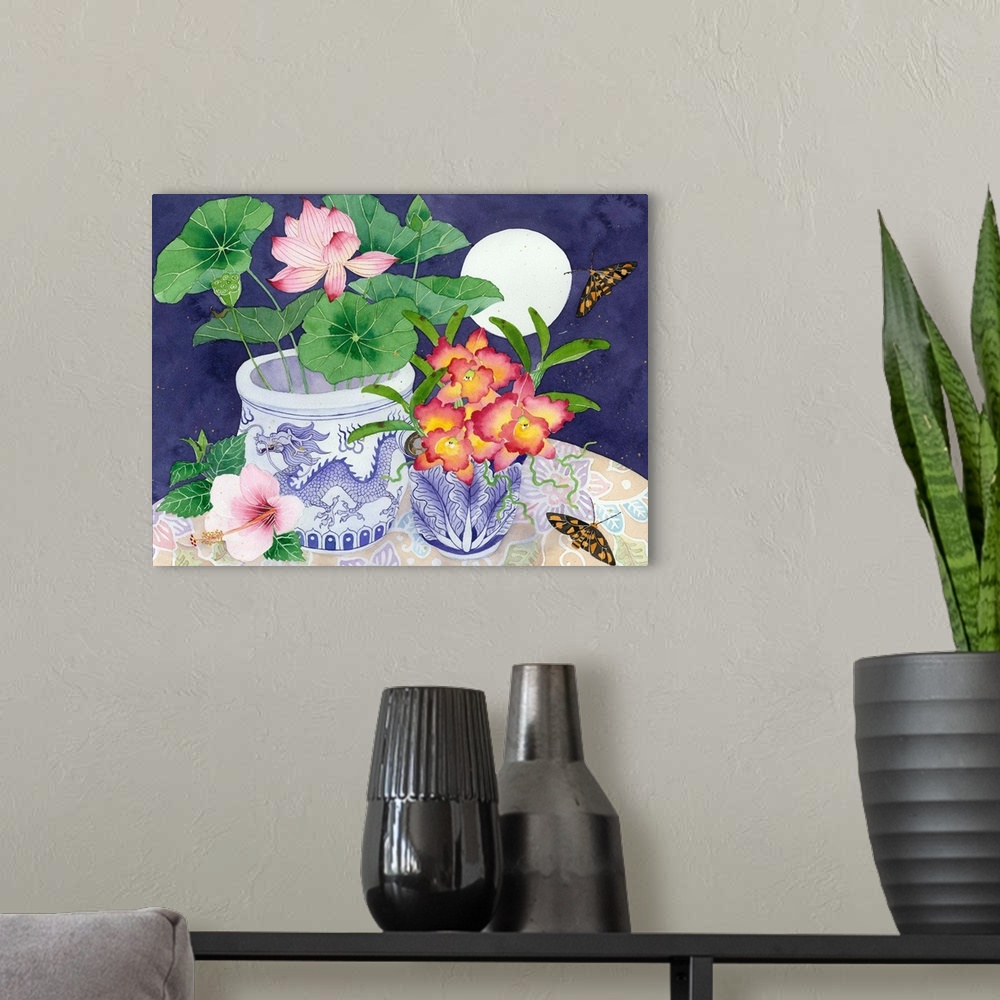A modern room featuring Still life with lotus and orchids in blue and white planters.