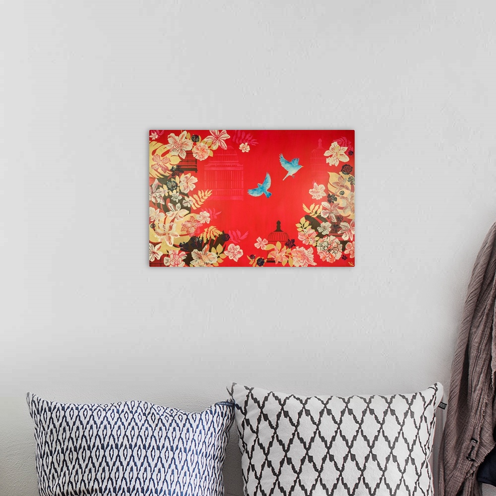 A bohemian room featuring Painting of two bluebirds flying in a summer garden of orchids and peonies with red background.