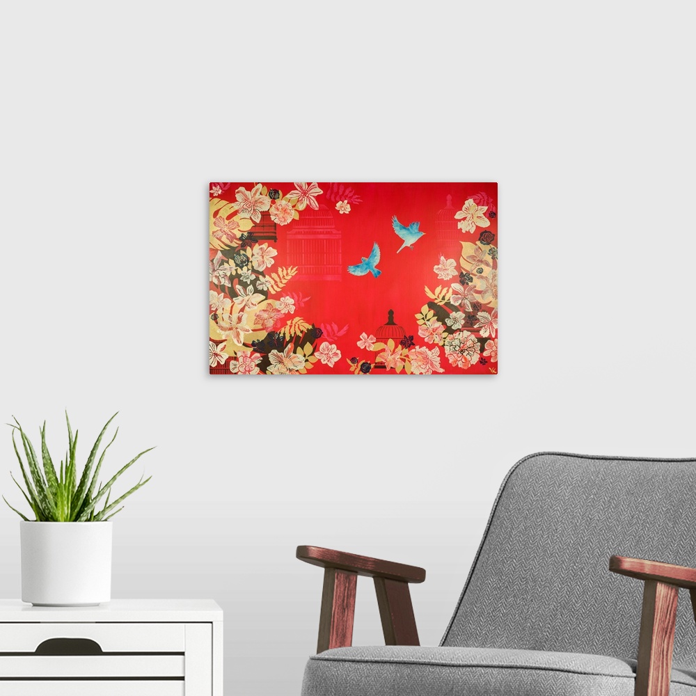 A modern room featuring Painting of two bluebirds flying in a summer garden of orchids and peonies with red background.