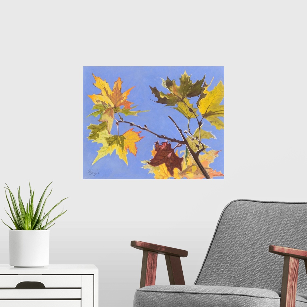A modern room featuring Here, the wind puts the autumn maple leaves into a perfect juxtaposition, with just the right bal...