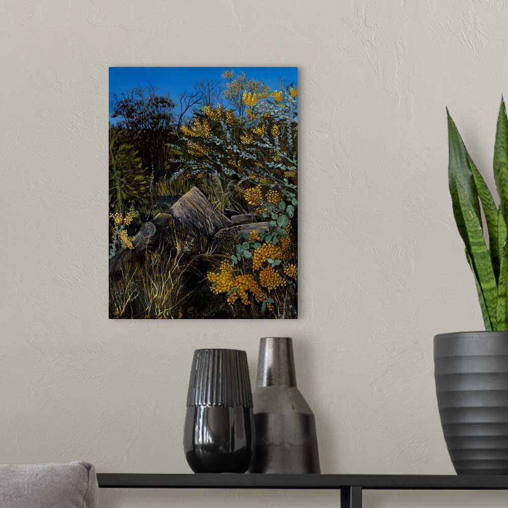 A modern room featuring Painting of a wattle tree with fluffy clusters of amber flowers that stand out in the wild landsc...
