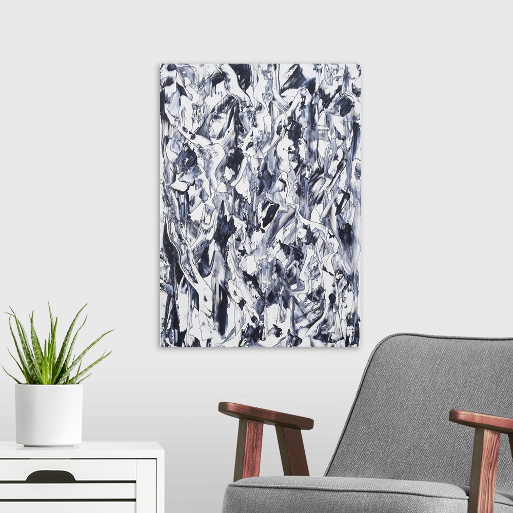 A modern room featuring Painting on paper of clinging vines celebrating the beauty of contrast.
