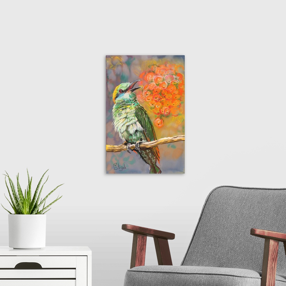 A modern room featuring Bee-eaters are typically richly colored and this bird is no exception. Bright green plumage is pa...