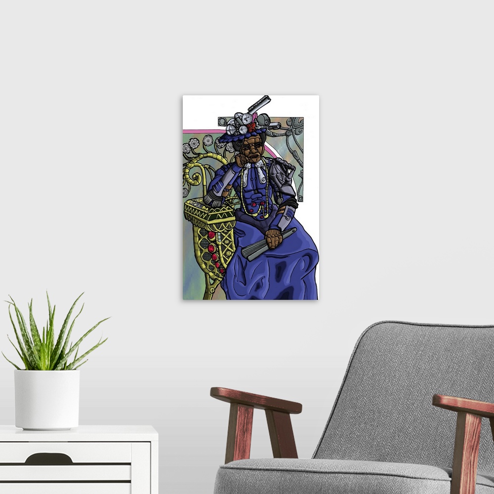 A modern room featuring Art nouveau-style steampunk illustration of a robot, based on a Paul-Emile Berthon design.