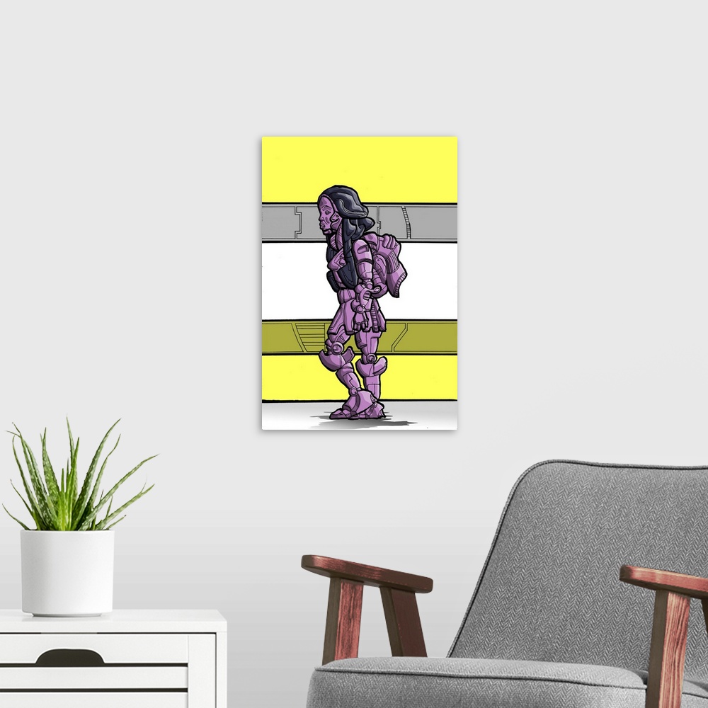 A modern room featuring Illustration of a lady robot.