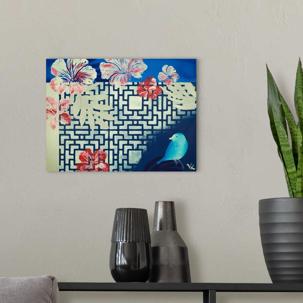 A modern room featuring Painting of bird with ivory screen and deep blue background.
