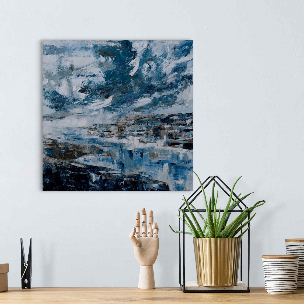 A bohemian room featuring An abstract landscape - the simplicity in tonal choice, to depict this deeply moody scenery and s...