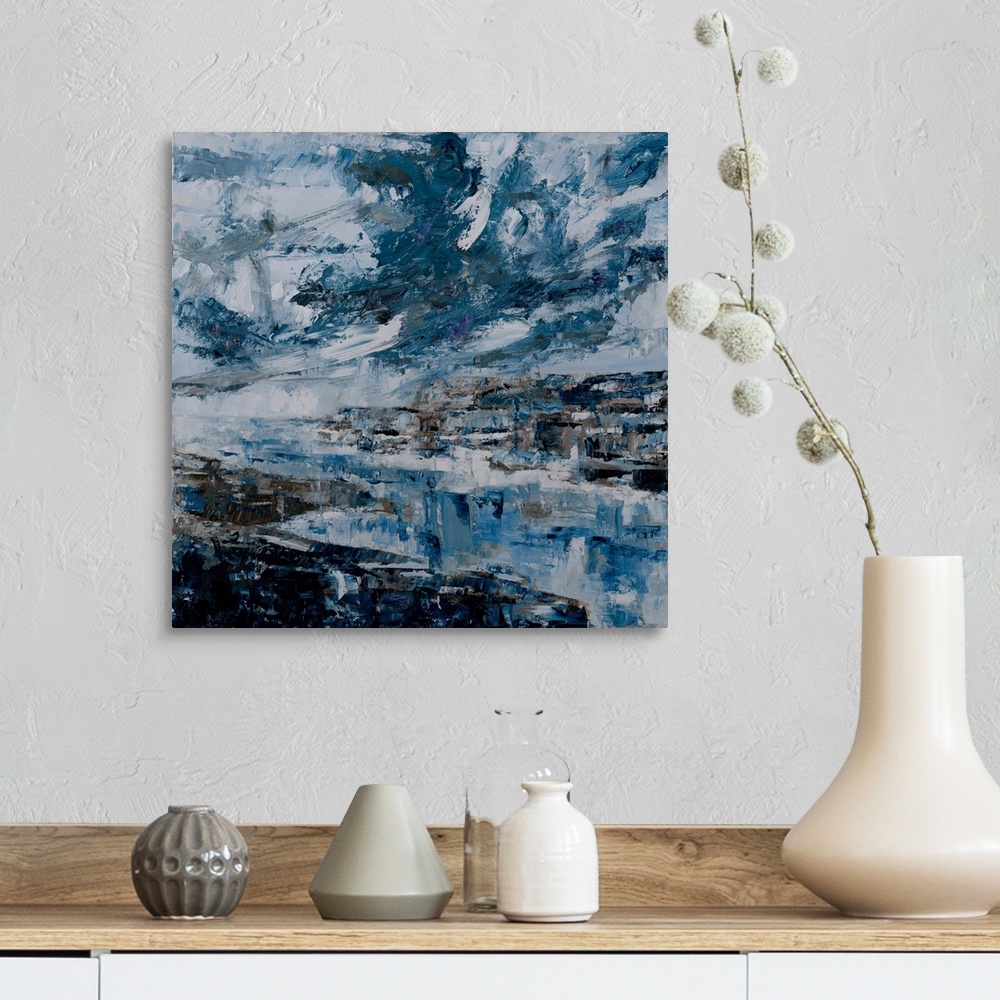 A farmhouse room featuring An abstract landscape - the simplicity in tonal choice, to depict this deeply moody scenery and s...