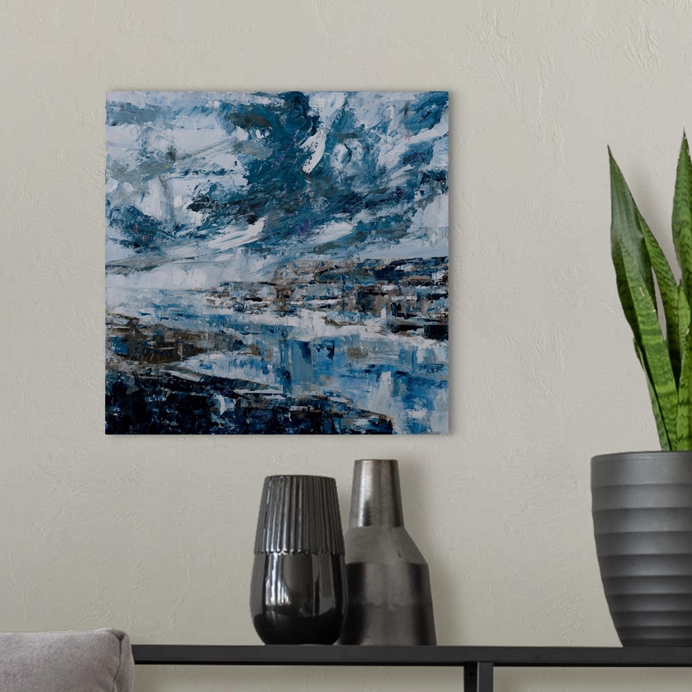 A modern room featuring An abstract landscape - the simplicity in tonal choice, to depict this deeply moody scenery and s...