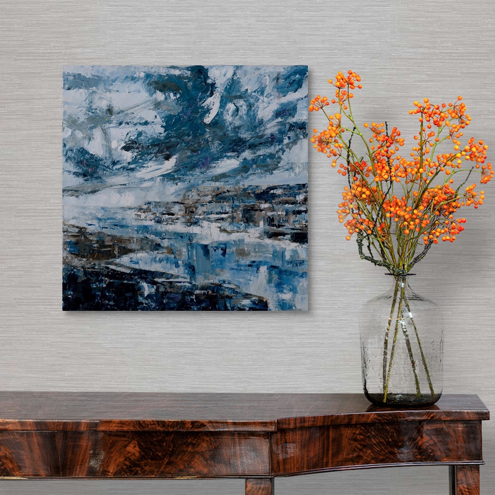 A traditional room featuring An abstract landscape - the simplicity in tonal choice, to depict this deeply moody scenery and s...